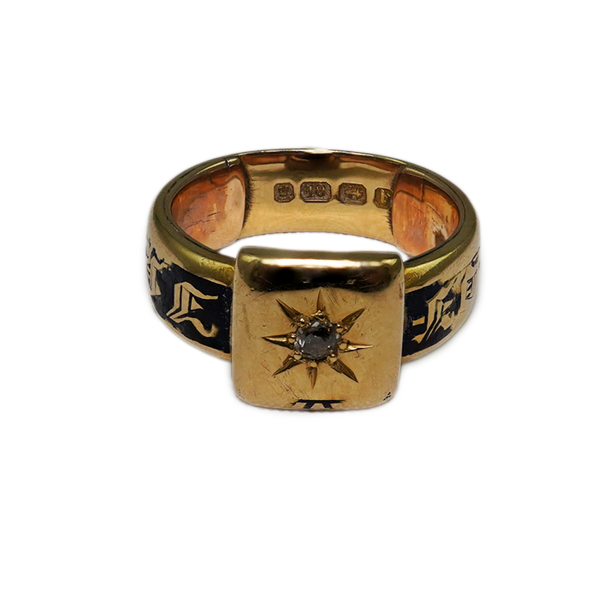 A 19th century 18ct gold, black enamel and single stone diamond set mourning ring